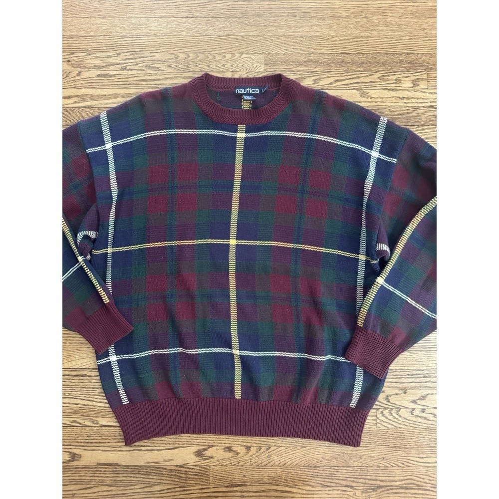 Vintage Nautica Plaid Sweater Men's Large 90s Cotton Burgundy Green Crewneck